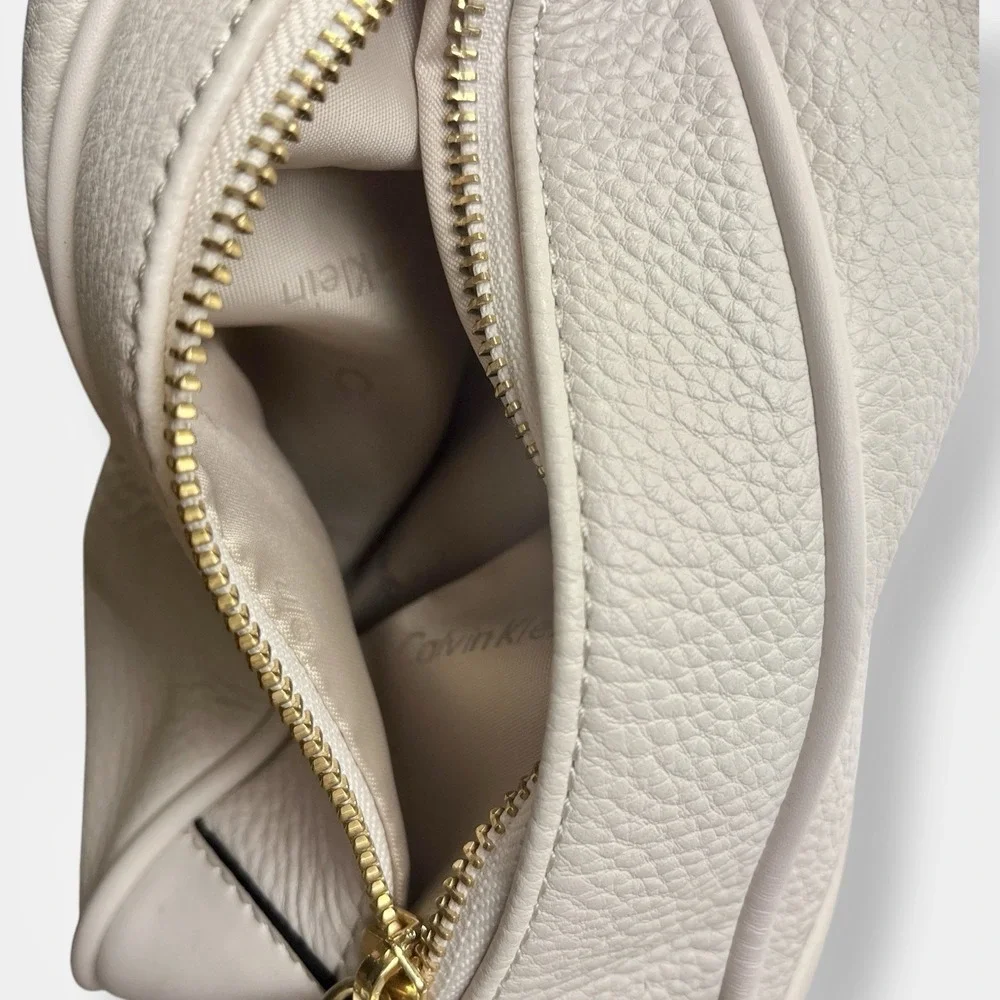 Calvin Klein Ivory Bone White‎ Hobo Pebbled Leather Adj Strap Shoulder Bag Purse